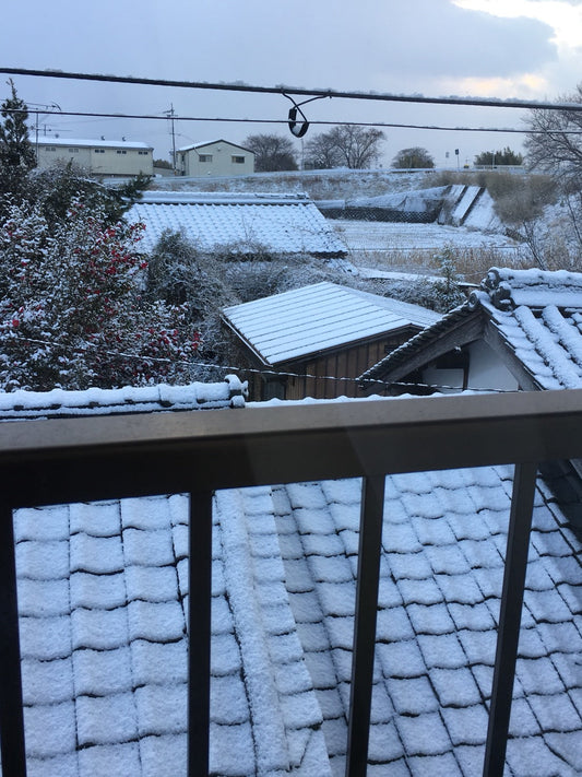 カーテンを開けると一面雪景色。こんな時は温かいお茶でまったり。＠奈良　香芝